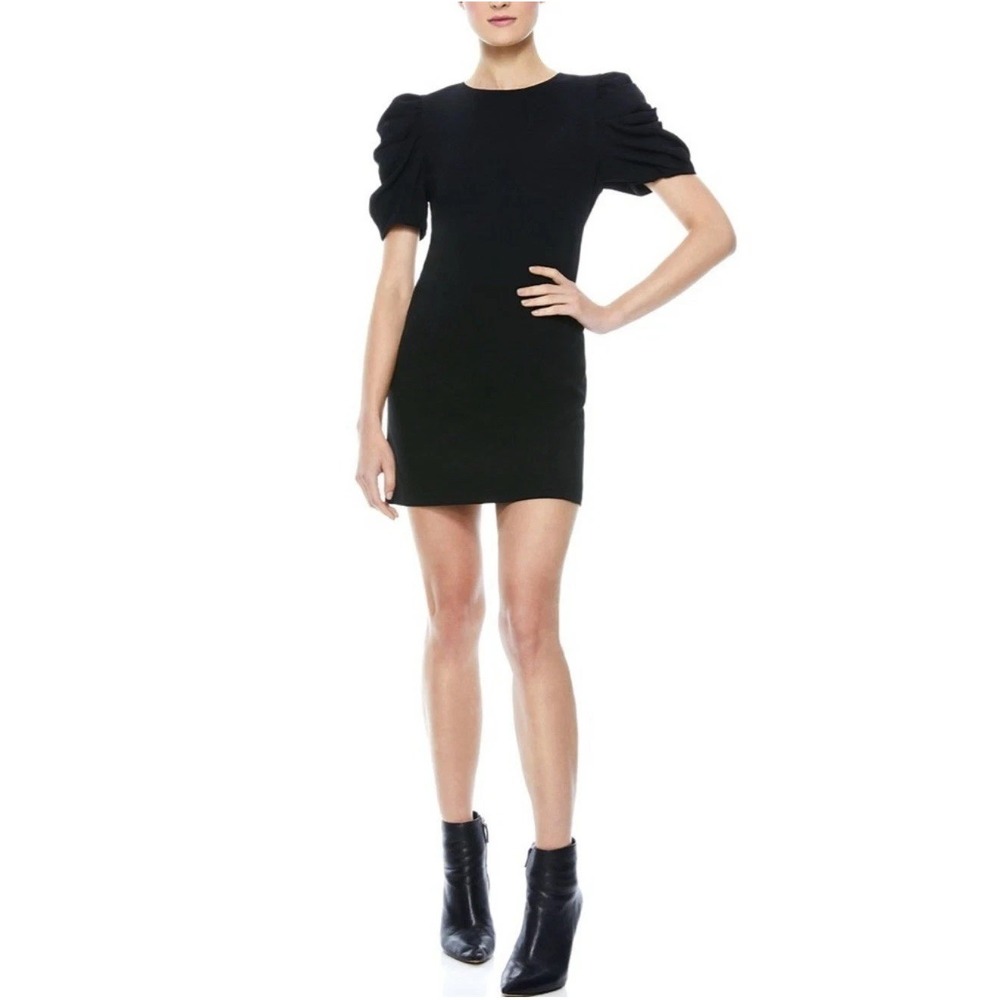NWT Alice + Olivia Hanita Gathered Puff Sleeve Mini Shift Dress 4 2‎ Black LBD